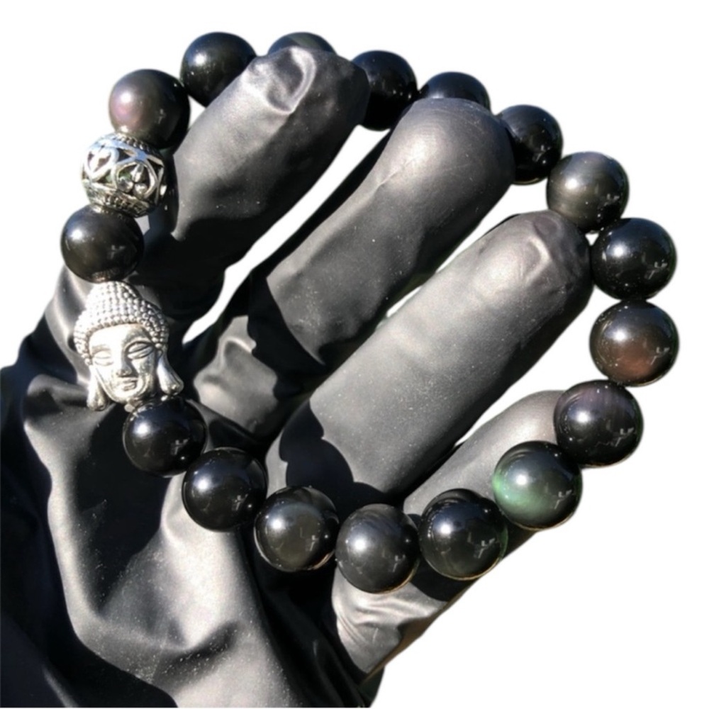 Authentic Rainbow Obsidian Bracelet with Silver Buddha Beaded Bohemian Stretch